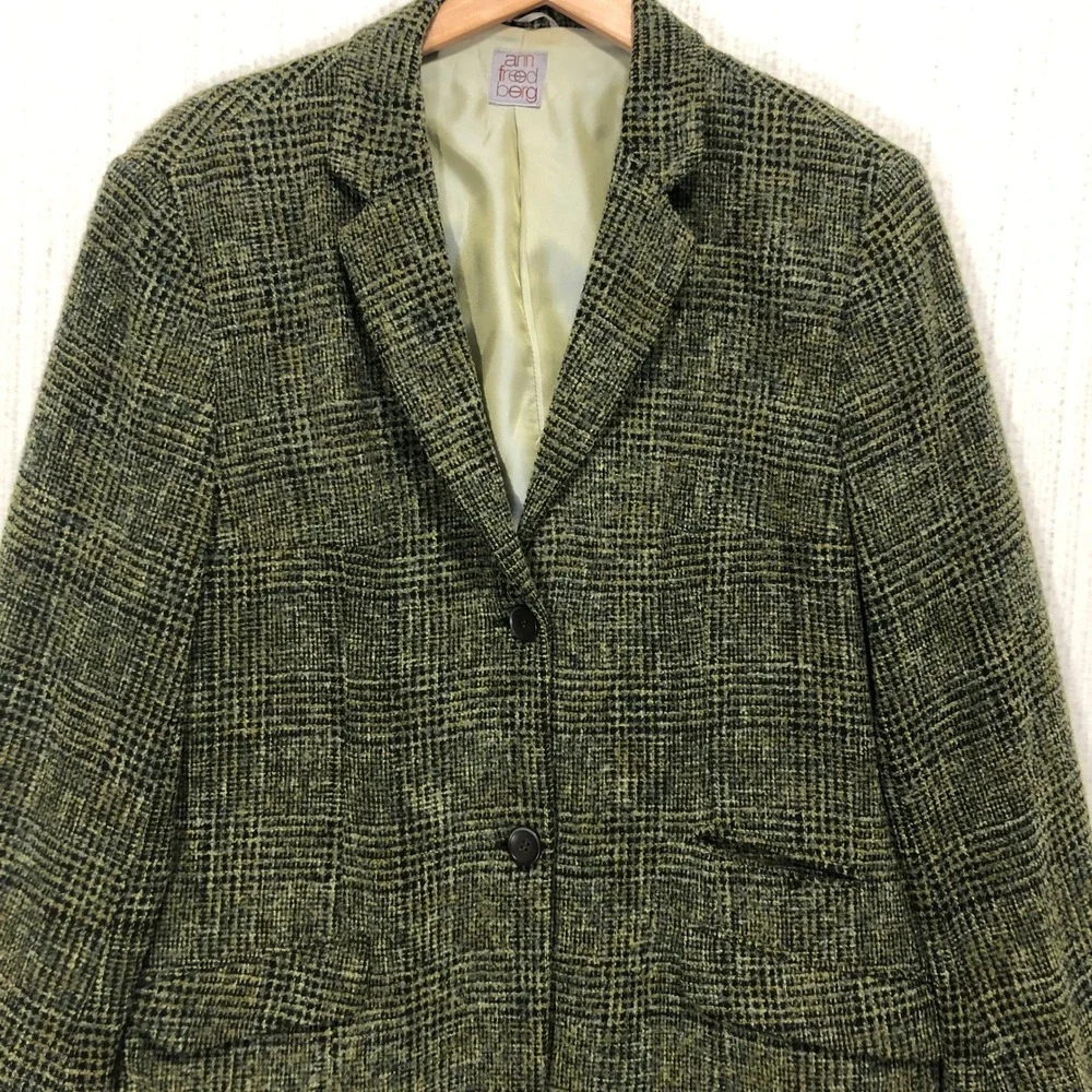 Ann Friedberg Vintage Green Tweed‎ Blazer Jacket Two Button Size 16 Olive Black